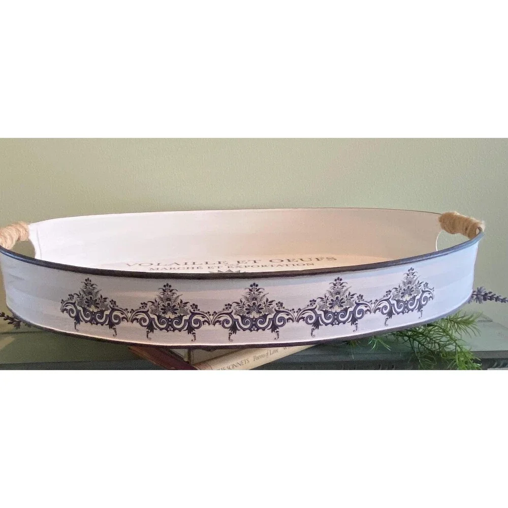 Serving Tray designed with Rooster and Hen metal. 17” X 12” Oval. White and Blac